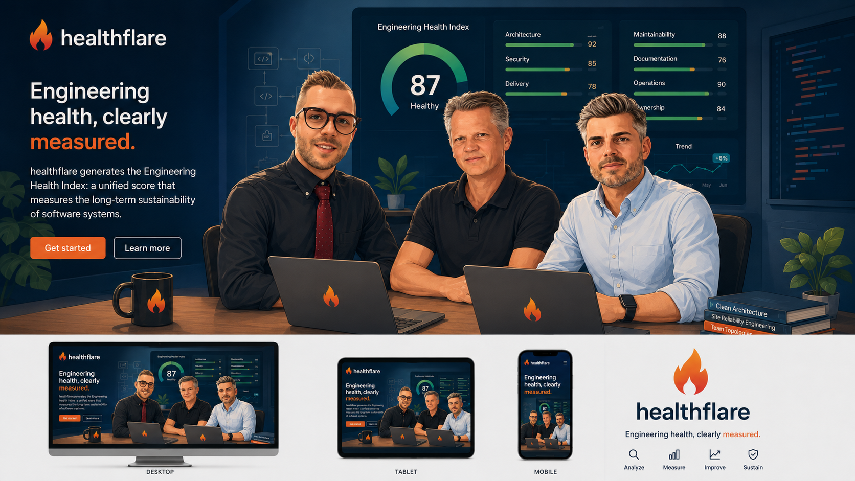 The three-person healthflare team in front of an engineering health dashboard